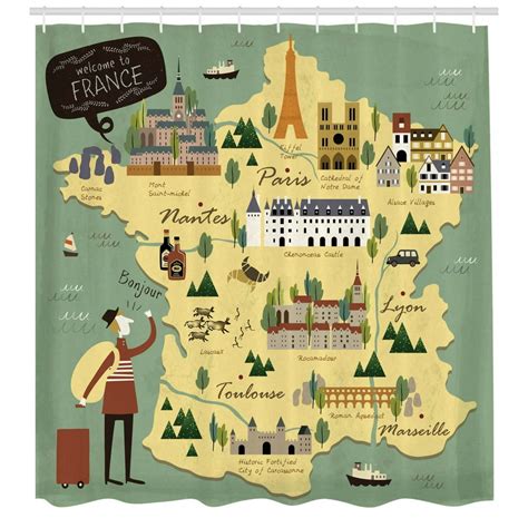 France Shower Curtain Travelling Themed French Map With Famous