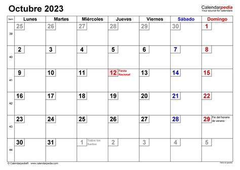 Calendario Octubre 2023 En Word Excel Y Pdf Calendarpedia Weekly