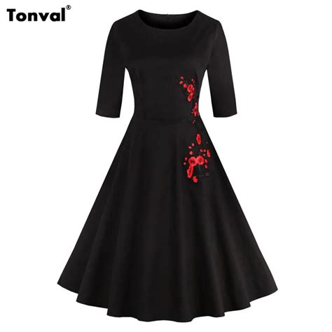 Tonval Autumn Dress Vintage Women Half Sleeve Embroidery Floral Dress
