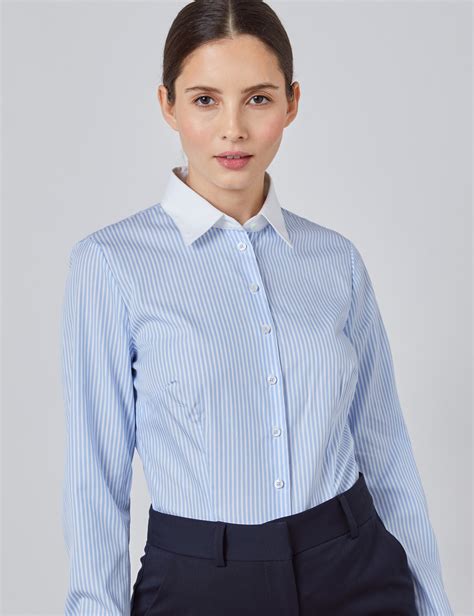 Easy Iron Cotton Bengal Stripe Executive Womens Fitted Shirt With Contrasting White Collar And