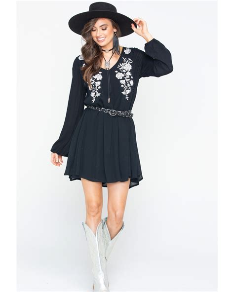 Rock Roll Cowgirl Women S Black Floral Embroidered Dress Black