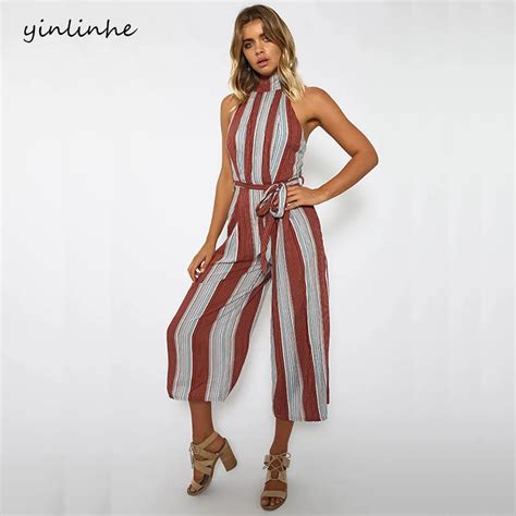 Yinlinhe Striped Halter Red Jumpsuit Women Long Pants Sexy Rompers