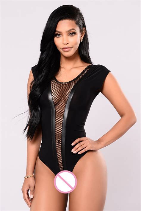 Black Sexy Women Bodysuit Front V Shape Fishnet Leotard Summer