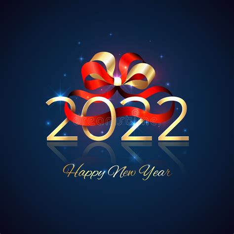 2022 New Year Shiny Red Golden 2022 With Ribbon Bow On Blue Background