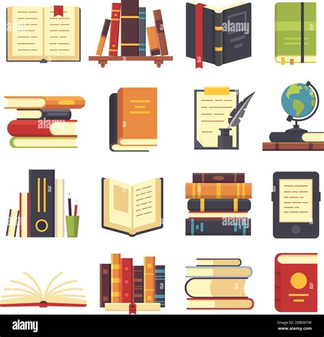 Flat Books Icons Magazines With Bookmark History And Open Or Closed