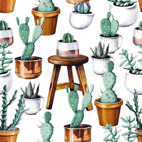 Watercolor Cactus Tropical Garden Seamless Pattern Watercolour Cactus