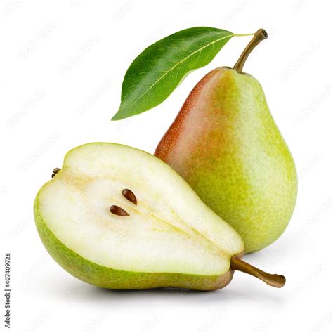 Pears Isolated One And A Half Green Pear Fruit With Leaf On White