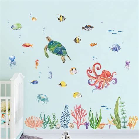 Decalmile Watercolor Under The Sea Wall Decals Turtle Tropical Fish