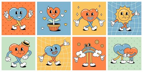 A Set Of Retro Characters From Comics Cartoon Vintage Hearts With Legs