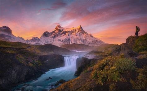 Sunrise Mountain River Waterfall Torres Del Paine Chile Snowy Peak