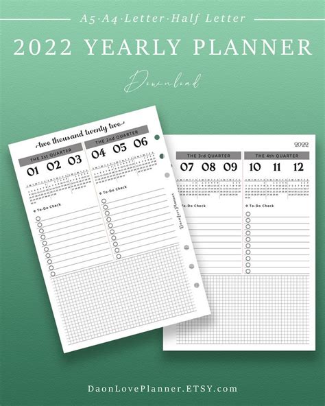 Printable 2022 Yearly Planner 2022 Years Calendar Bullet Etsy