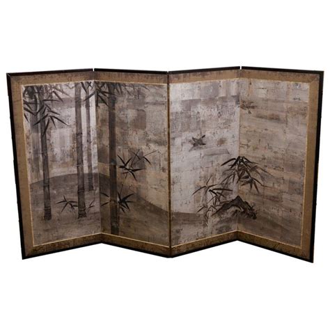 Japanese Four Panel Folding Screen With Bamboo And Bird Scene Folding