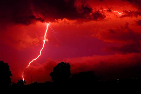 lightning strike flash red energy current nature sky night hell thunderstorm thunder
