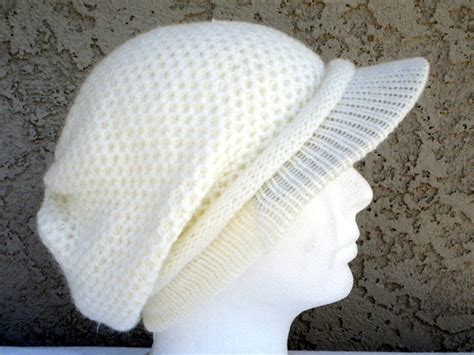 Crochet Hat White Cap With Flower Newsboy Slouchy Bennie Hat Etsy