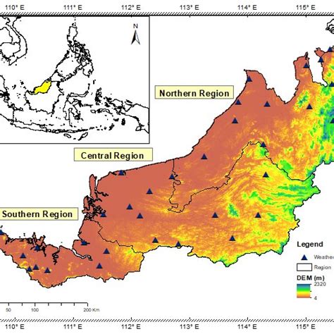 Location Of Rainfall Stations On A Map Of Sarawak Download