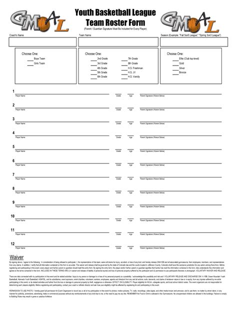 Youth Basketball League Team Roster Form Fill And Sign Printable