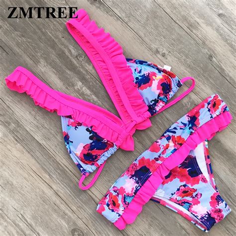 Zmtree Floral Printed Swimwear Women Bikini Set Bowknot Swimwear Beach