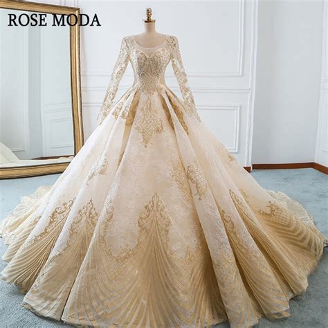 We create gorgeous long sleeve wedding dresses customized for your wedding & your personality. Rose Moda Luxury Gold Wedding Dress Long Sleeves Lace ...