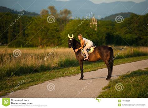 Active Young Woman Ride A Horse In Nature Stock Image Image Of