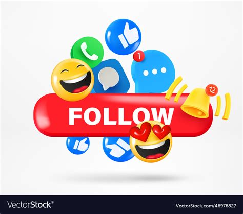 Social Media Icons And Emoji And Follow Button 3d Vector Image