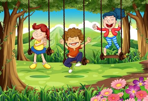 Tres Niños En Columpios En El Bosque Vector Premium