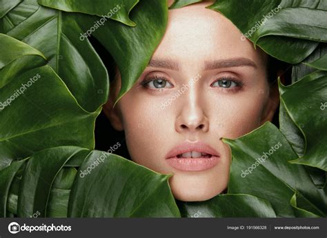 Natural Beauty Beautiful Woman Face In Green Leaves Stock Photo By