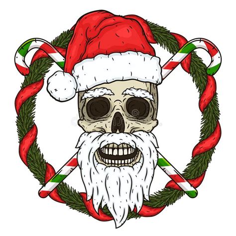 Santa Skull In Christmas Hat With Hipster Beard Line Art Tattoo Santa