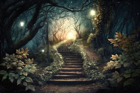 Enchanted Forest Path With Step Stairs Landscape Glittering Leaves
