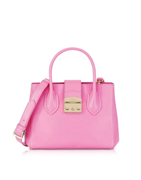Unlined interior with 1 cell phone pocket. Furla Orchid Leather Metropolis Small Tote Bag in Pink - Lyst