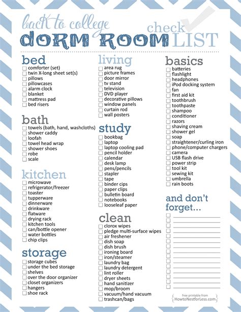 Printable Dorm Room Checklist