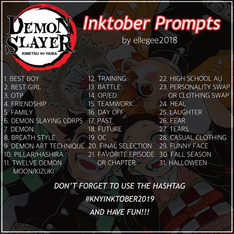Inktober Is Just Around The Corner And I Decided To Make A Prompt List For Demon Slayer Kimetsu