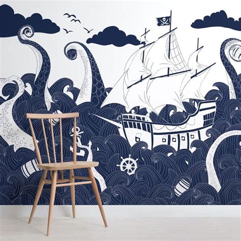 Dark Blue Pirate Ship Wallpaper Mural Hovia Pirate Room Decor
