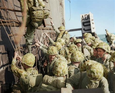 Wwii Colorized ~ United States Marines Climbing Down The Nets Into