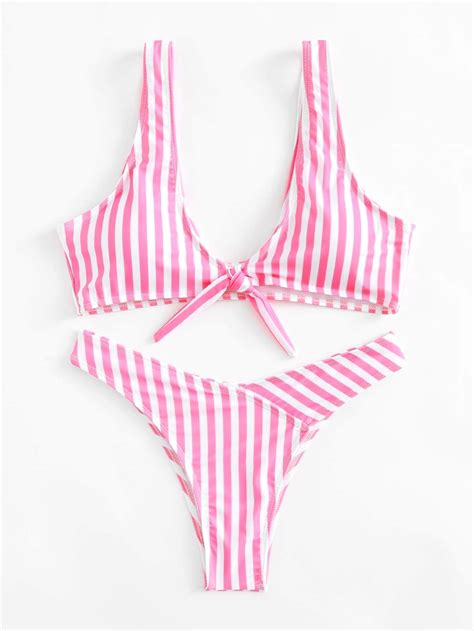 Pink Striped Swimsuit Knot Front Cami Top With High Leg Bikini Bottom