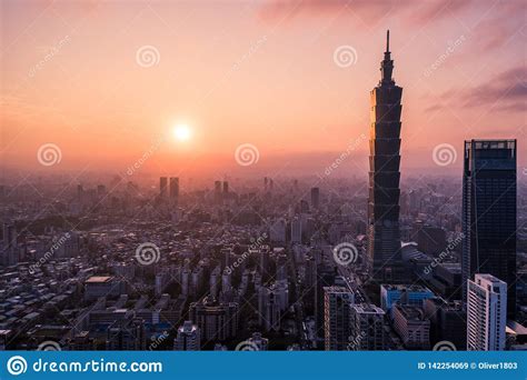 Aerial Drone Photo Sunset Over Taipei Skyline Taiwan Taipei 101