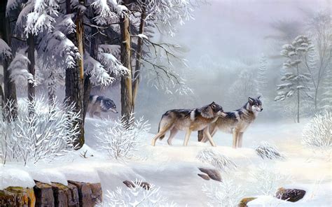 Three Wolves Digital Wallpaper Wolf Landscape Pine Trees Snow Hd