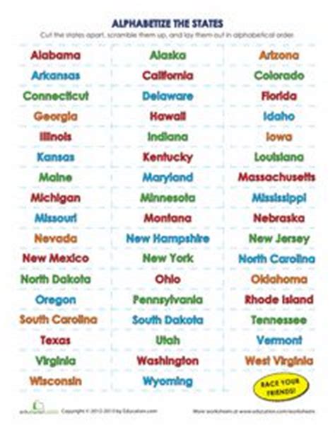 Seven continents list is given below with the ascending order in terms of total area. List of the 50 States in Alphabetical Order Worksheet