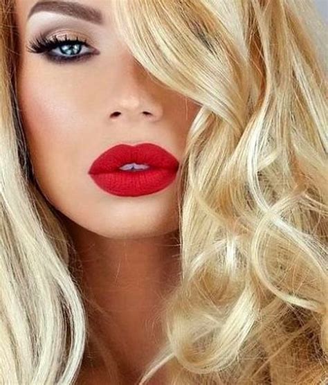 50 Pretty Makeup Ideas With Red Lipstick Red Lipstick Makeup Blonde Hair Red Lips Best Lipsticks