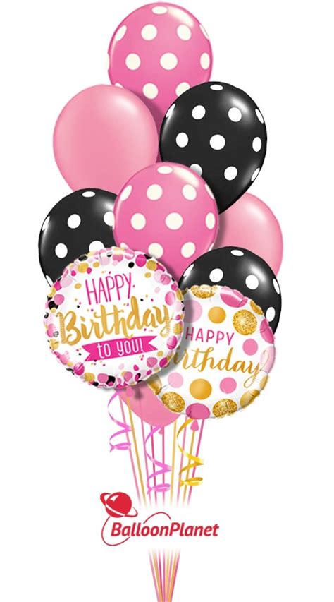 Happy Birthday Pink And Black Dots Balloon Bouquet 12 Balloons