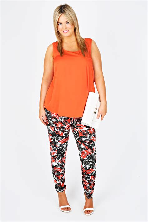 Black And Orange Palm Print Jersey Harem Trousers Plus Size 14 16 18 20 22 24 26 28 30 32