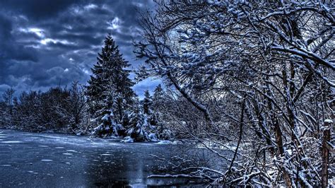 Download Wallpaper 1280x720 Winter Trees River Lake Snow Ice Hdr