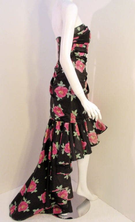 Emanuel Ungaro Black And Pink Silk Floral Strapless Evening Gown 1980s