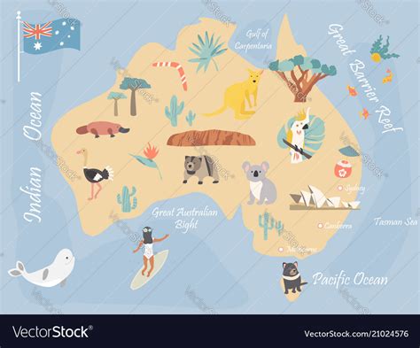 Map Of Australia With Landmarks And Wildlife Vector Image