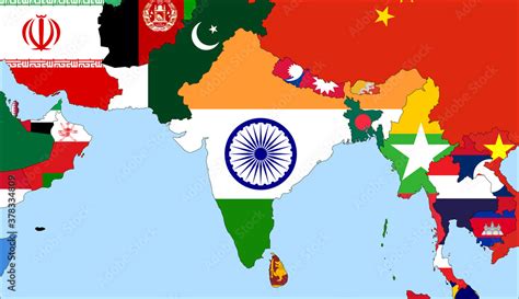Center The Map Of India Vector Maps Showing India And Neighboring Countries Flags Are