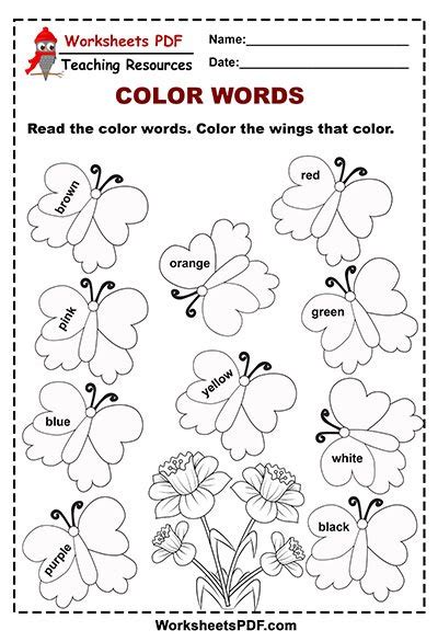 Butterfly Color Words Activity Worksheets Pdf