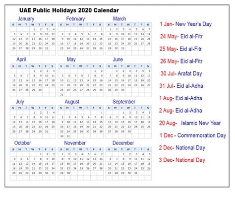 Uae Public Holidays 2020 Calendar Uae Holidays 2020 Printable