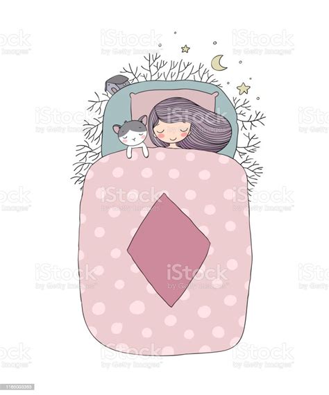 Sleeping Girl And Cat In Bed Good Night Sweet Dreams Vector