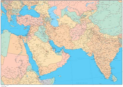 Middle East Map With Roads And Cities In Adobe Illustrator Format
