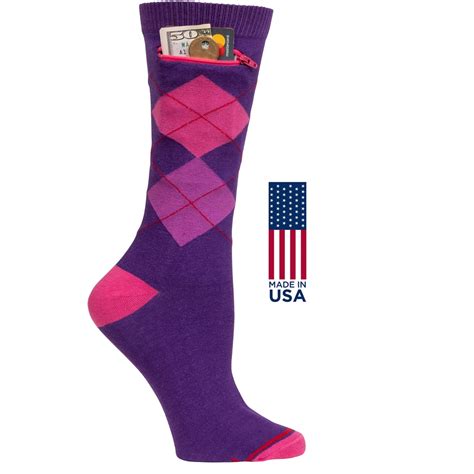 Pocket Socks Womens Fashion Crew Argyle Purple And Pink With Security Zip Pocket One Size