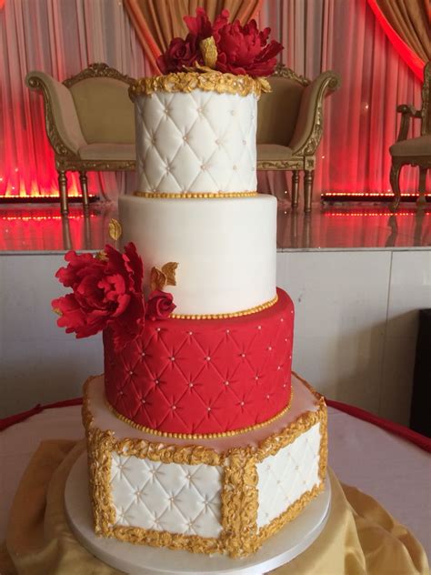 Quilted Red And Ivory Wedding Cake With Peonys And Gold Detail
